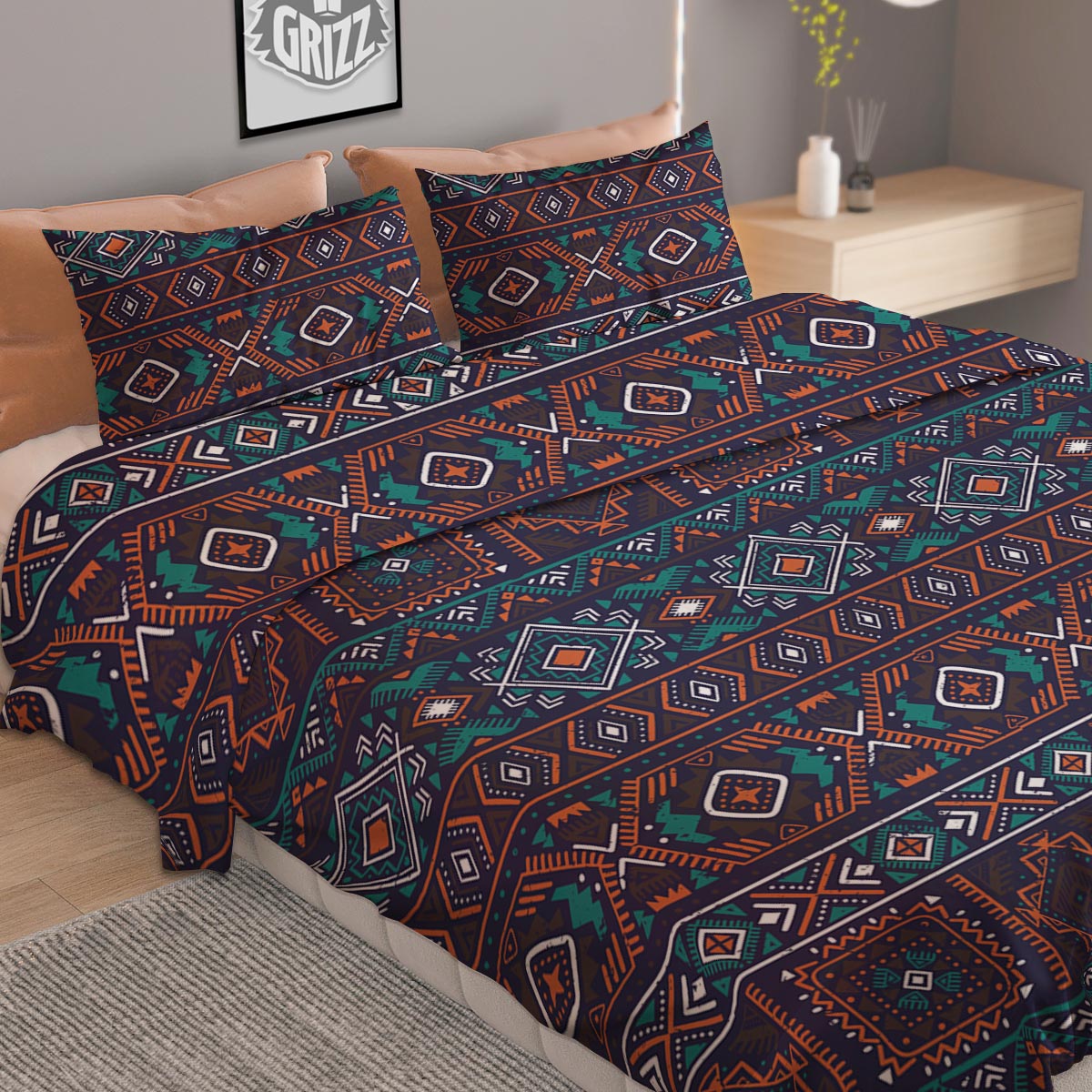 Navy Plaid And Blue Green Print Pattern Duvet Cover Bedding Set