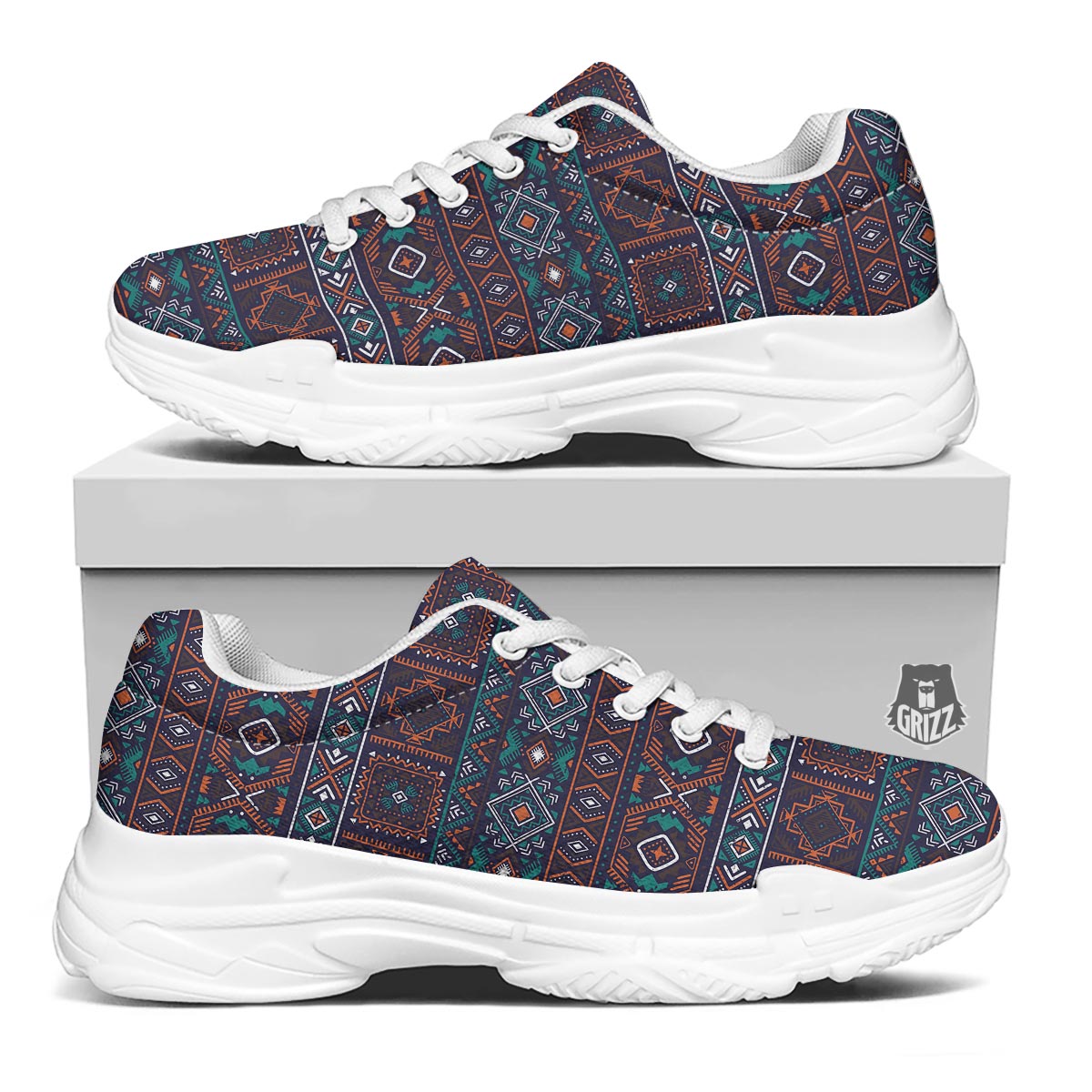 Navajo Retro Tribal Print Pattern White Chunky Shoes-grizzshop