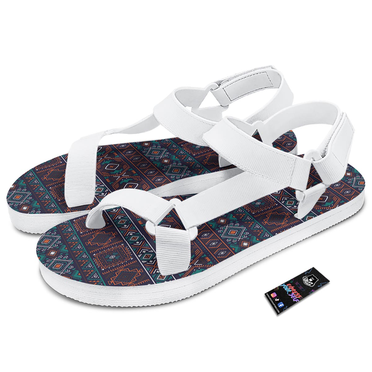 Navajo Retro Tribal Print Pattern White Open Toe Sandals-grizzshop