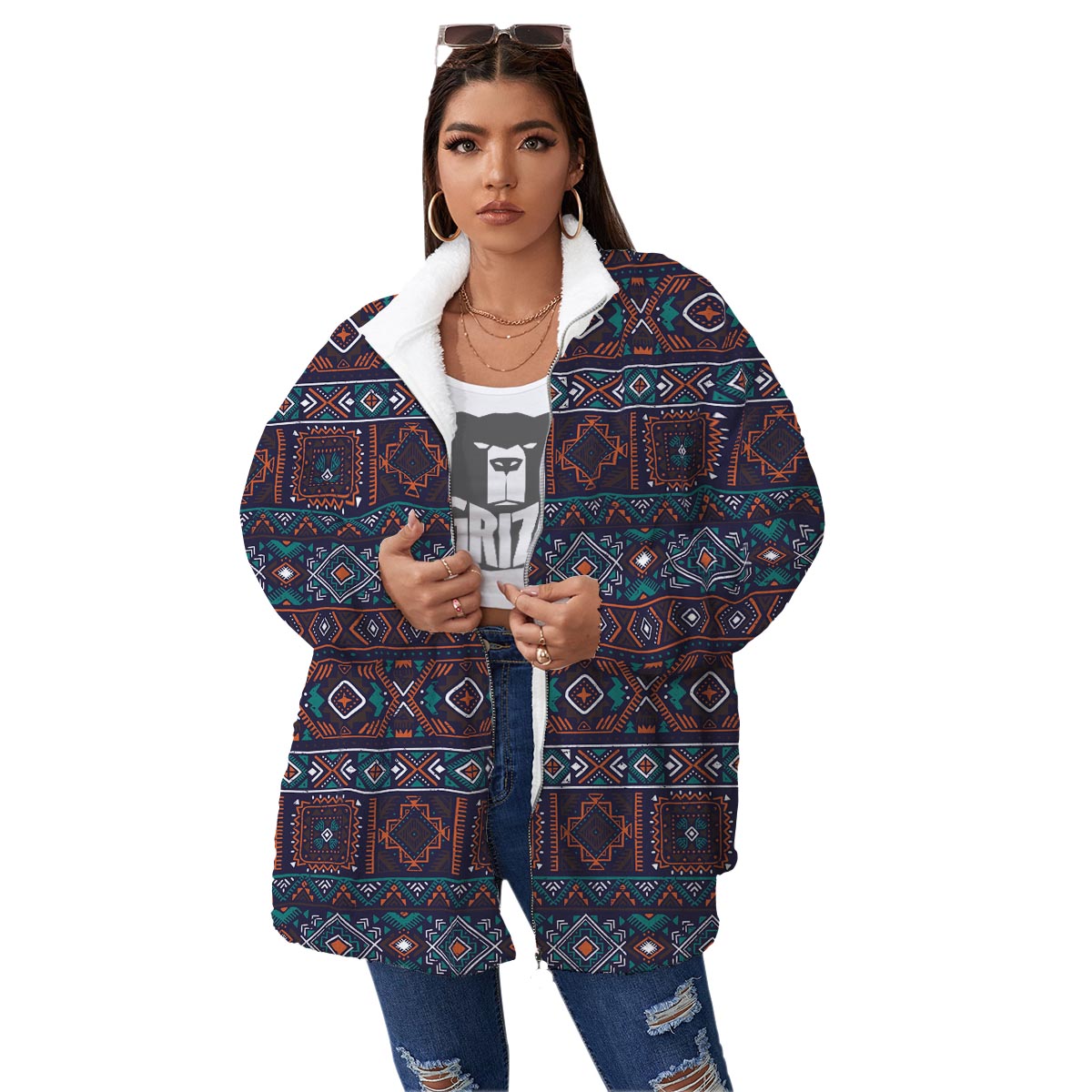 Navajo Retro Tribal Print Pattern Women's Sherpa Jacket-grizzshop
