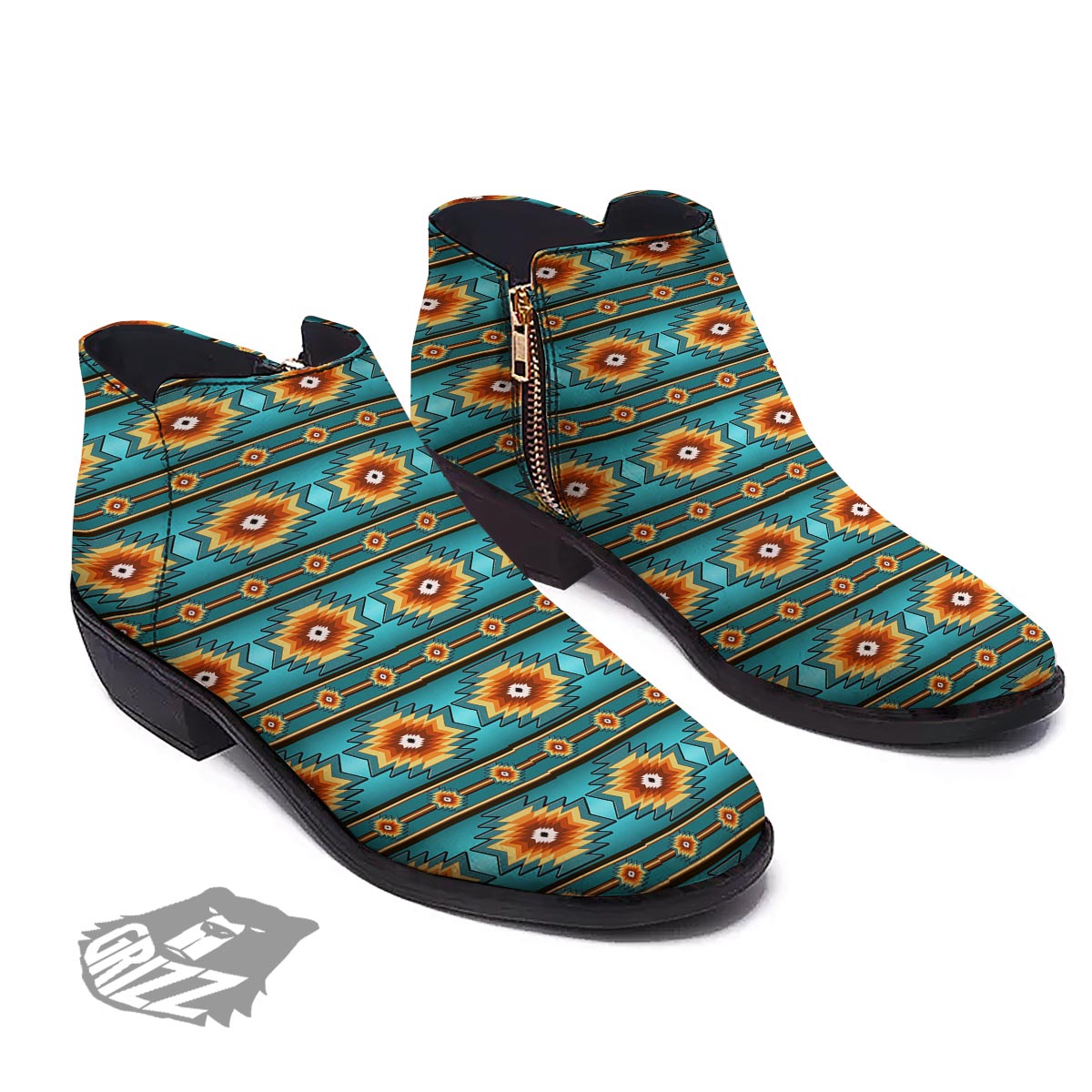 Navajo Teal Southwestern Print Pattern Ankle Boots-grizzshop