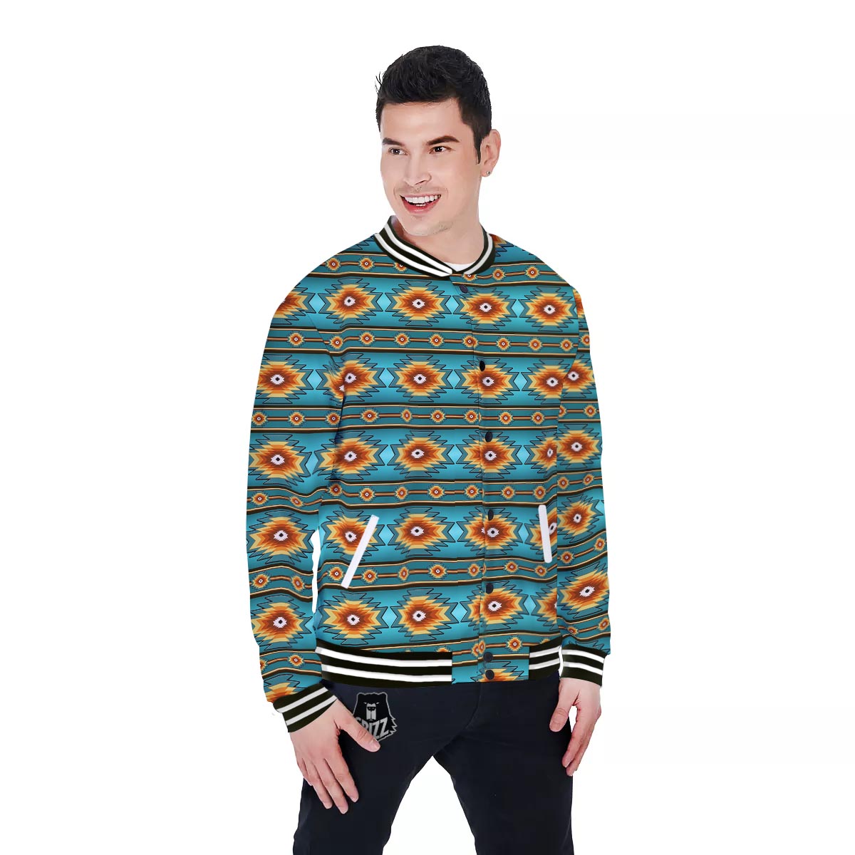Navajo Teal Southwestern Print Pattern Baseball Jacket-grizzshop