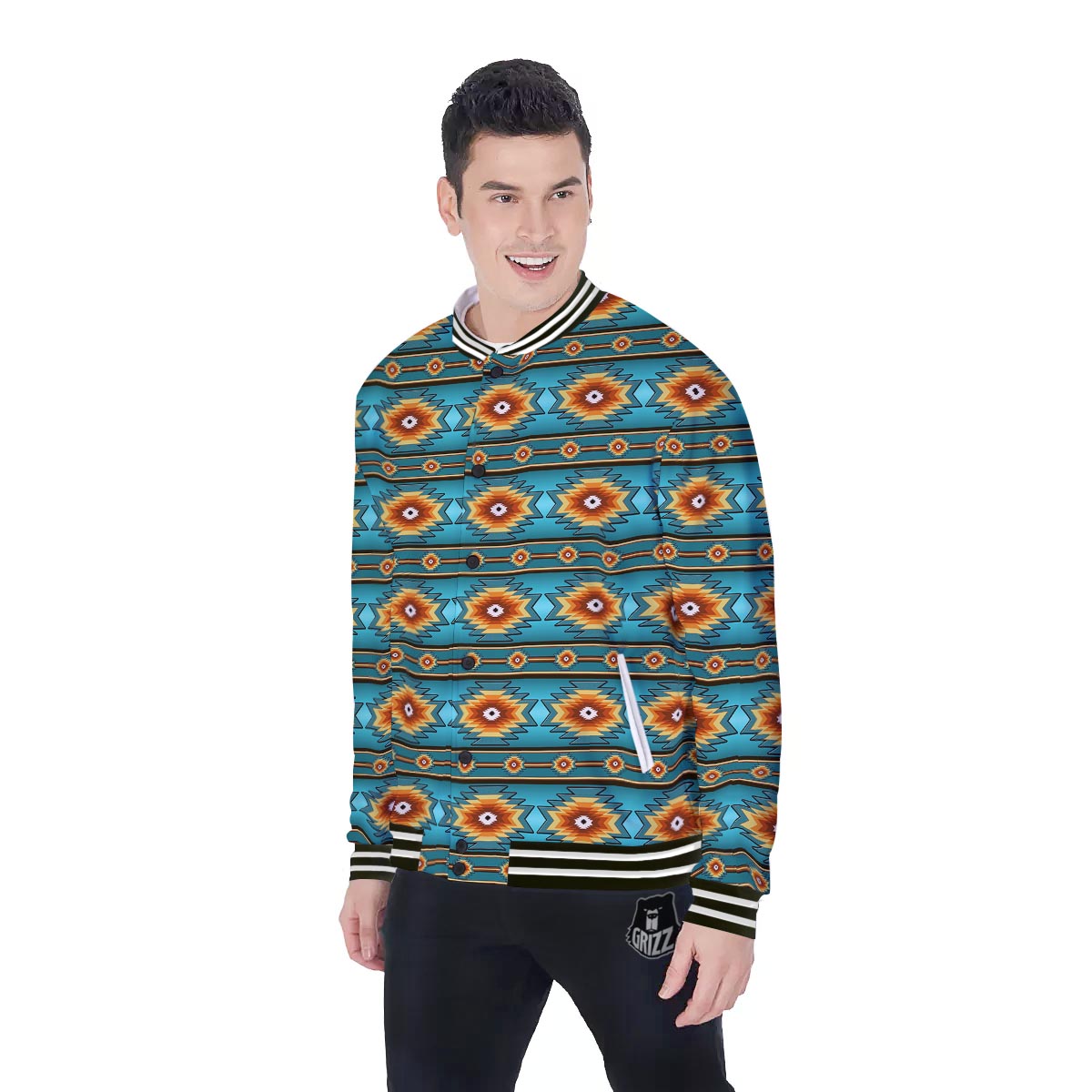Navajo Teal Southwestern Print Pattern Baseball Jacket-grizzshop