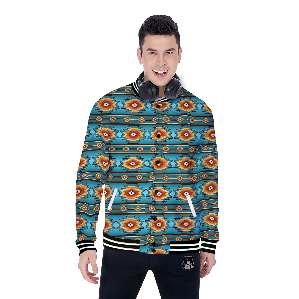 Navajo Teal Southwestern Print Pattern Baseball Jacket-grizzshop