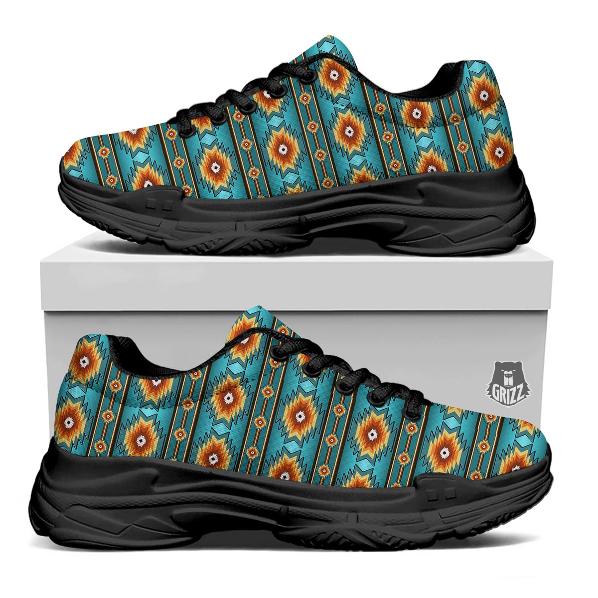 Navajo Teal Southwestern Print Pattern Black Chunky Shoes-grizzshop