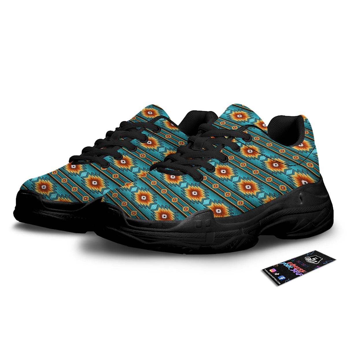 Navajo Teal Southwestern Print Pattern Black Chunky Shoes-grizzshop