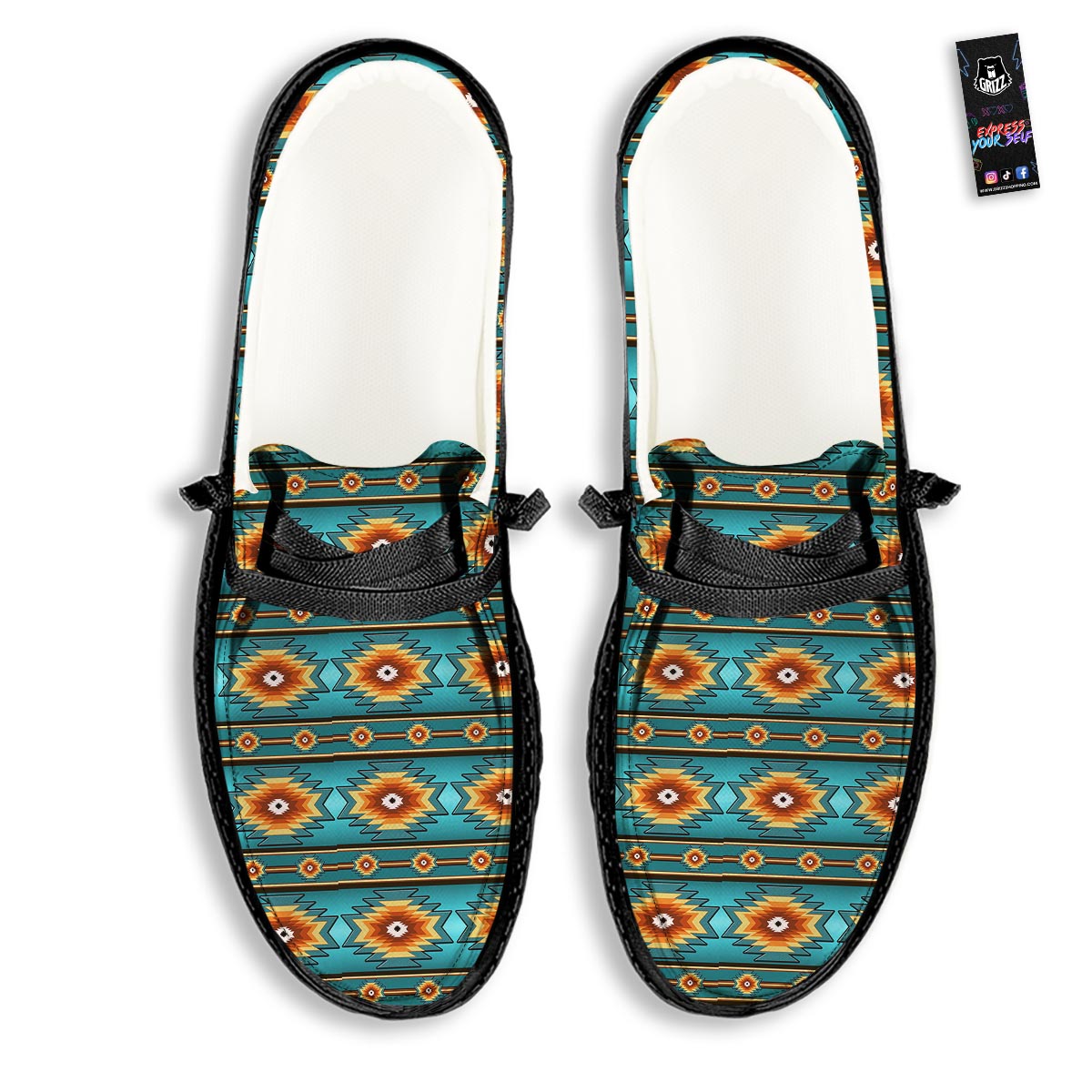 Navajo Teal Southwestern Print Pattern Black Loafers-grizzshop