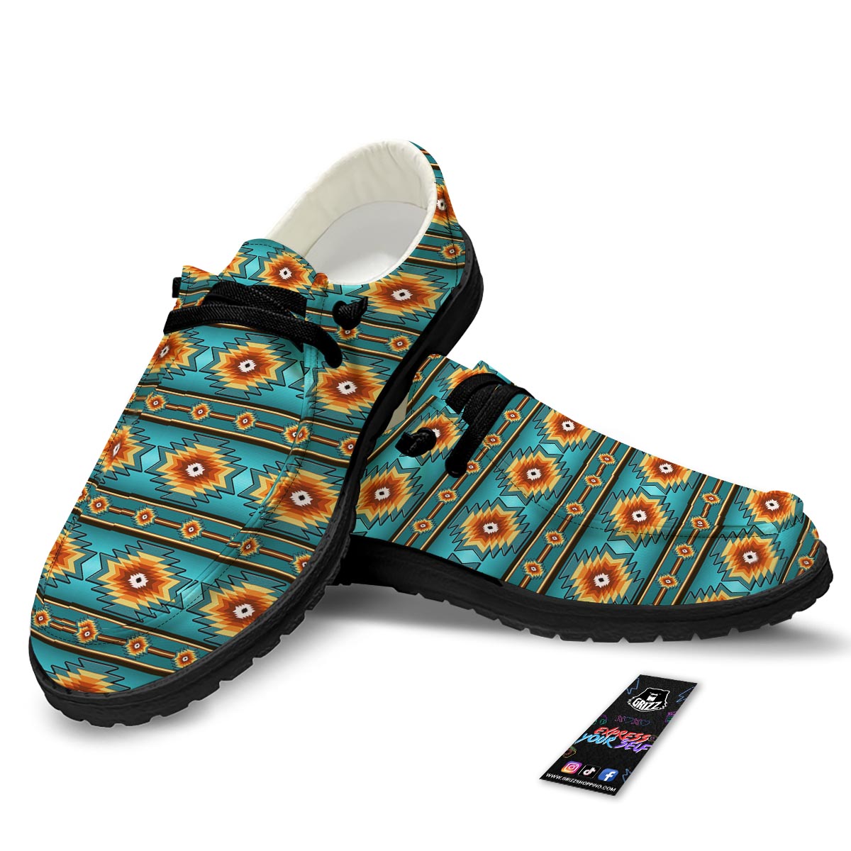 Navajo Teal Southwestern Print Pattern Black Loafers-grizzshop