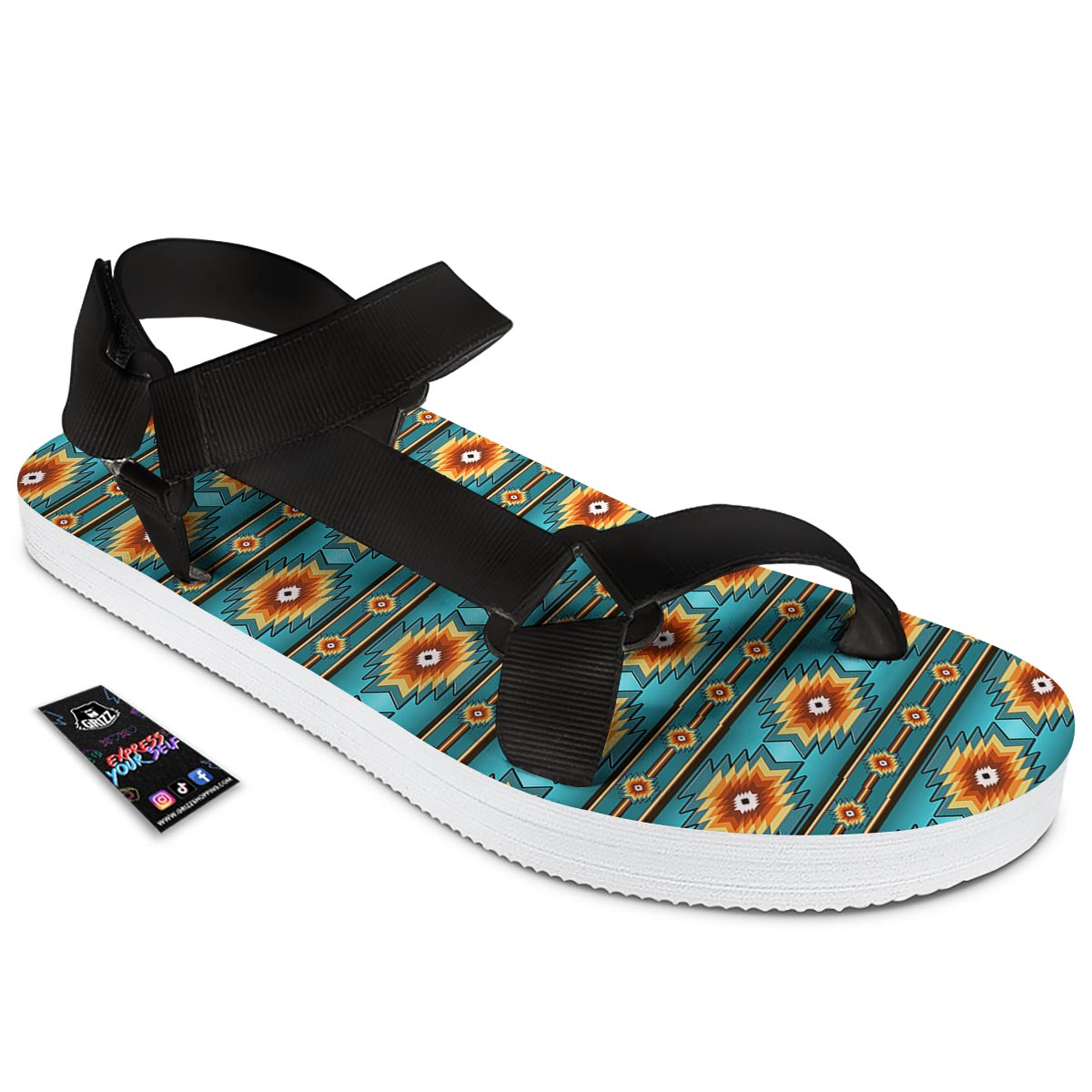 Navajo Teal Southwestern Print Pattern Black Open Toe Sandals-grizzshop