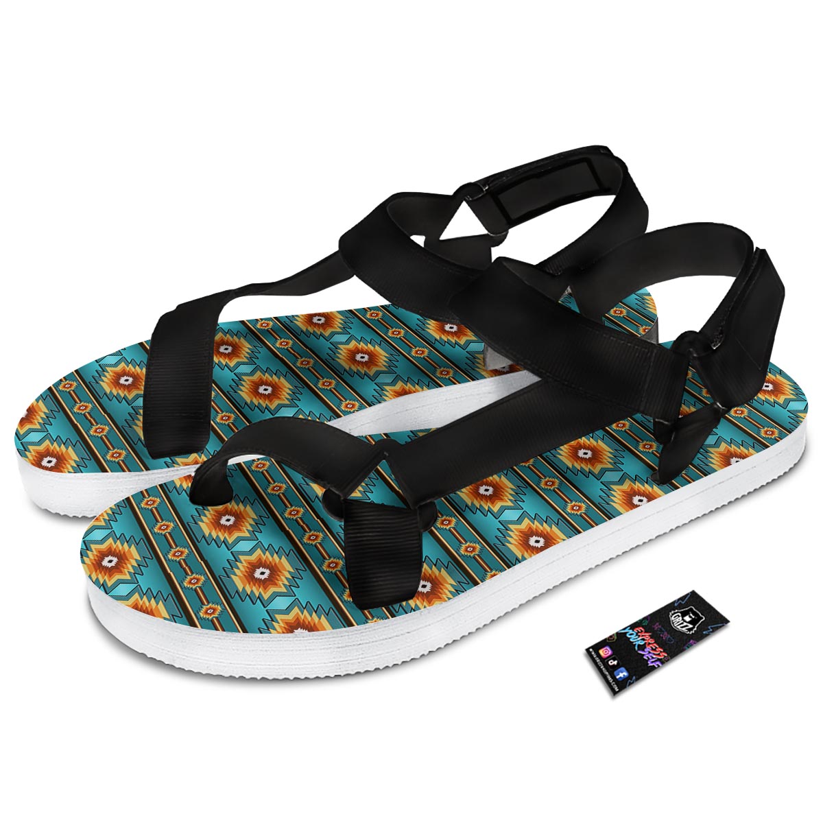 Navajo Teal Southwestern Print Pattern Black Open Toe Sandals-grizzshop