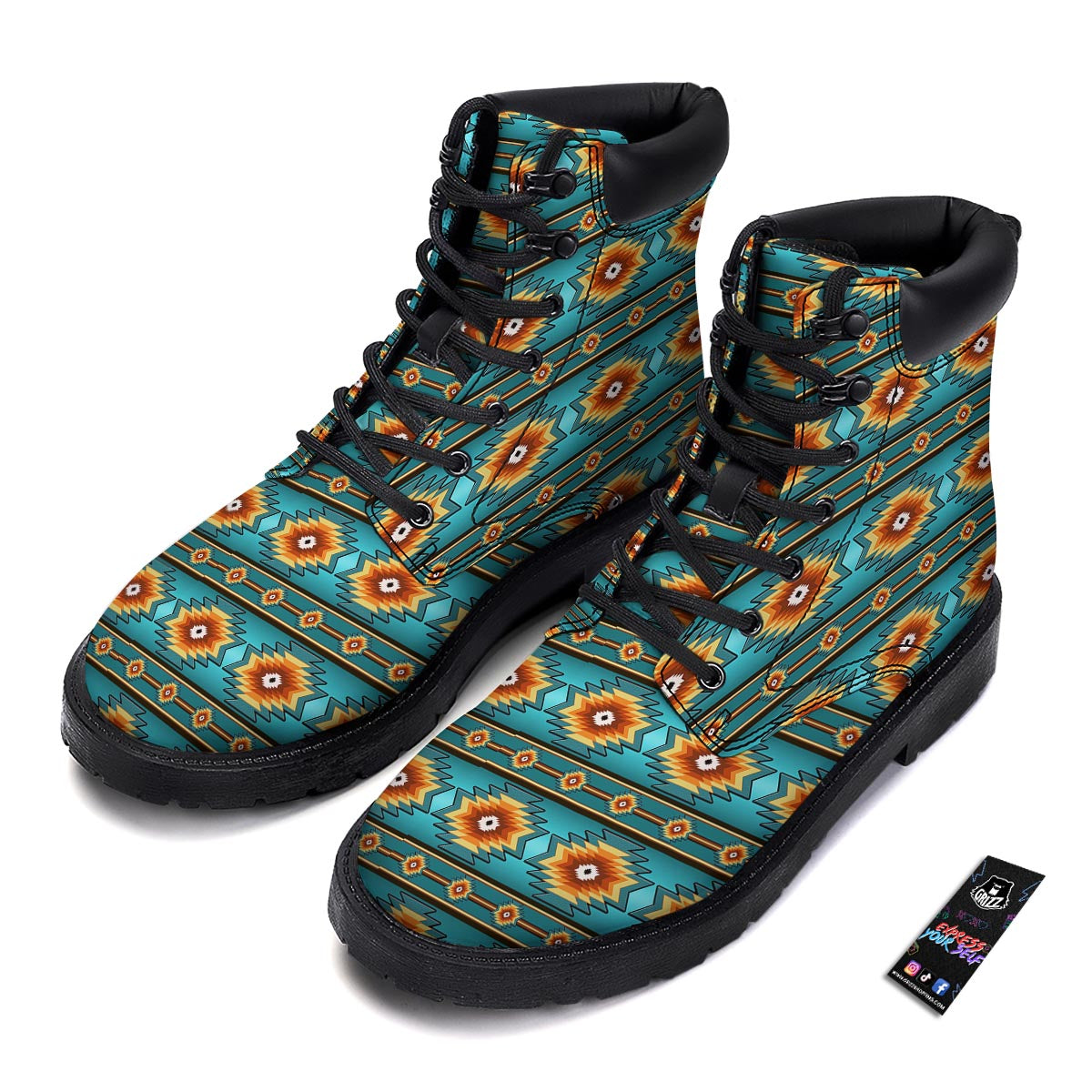 Navajo Teal Southwestern Print Pattern Boots-grizzshop