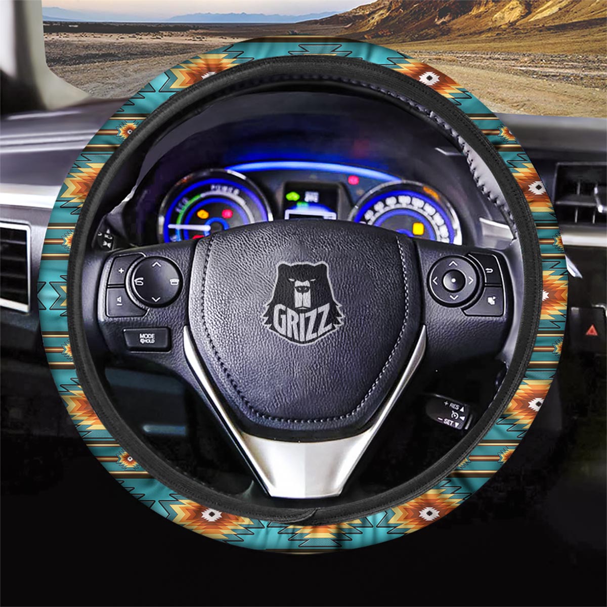 Navajo Teal Southwestern Print Pattern Car Steering Wheel Cover-grizzshop