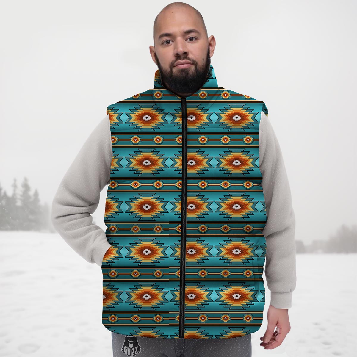Navajo Teal Southwestern Print Pattern Down Vest