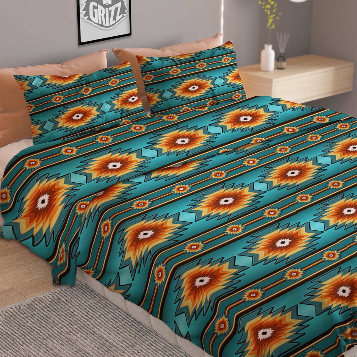 Navajo Teal Southwestern Print Pattern Duvet Cover Bedding Set