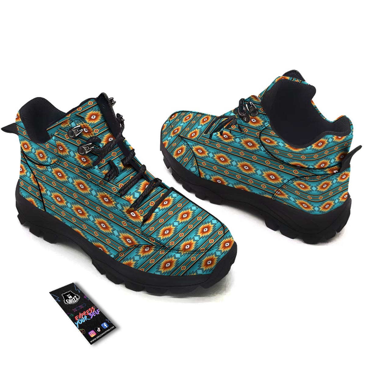 Navajo Teal Southwestern Print Pattern Hiking Shoes-grizzshop