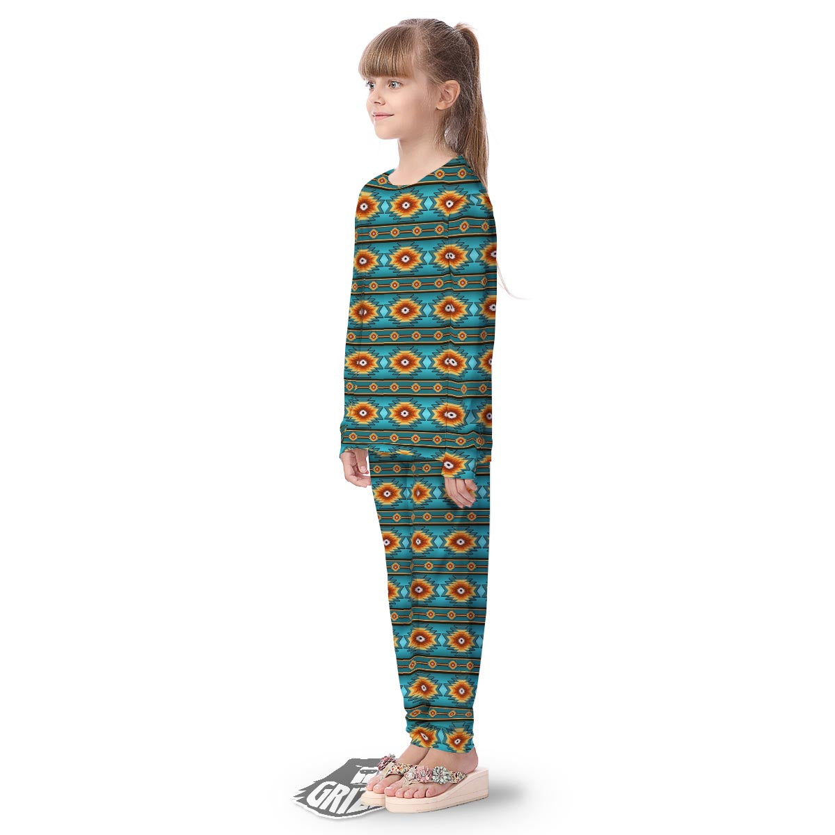 Navajo Teal Southwestern Print Pattern Kid's Pajamas-grizzshop