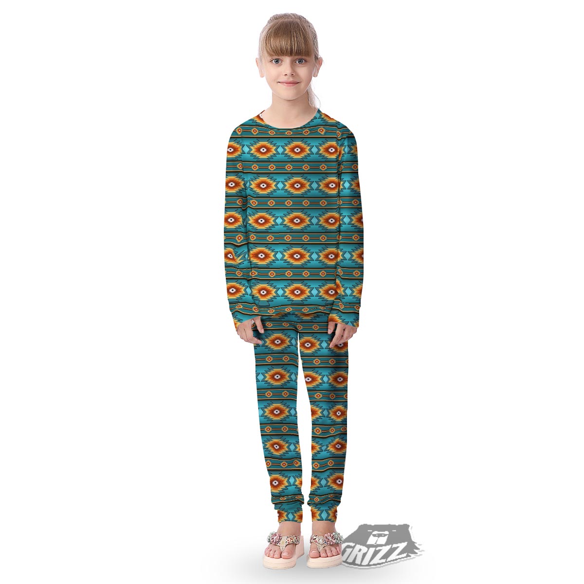 Navajo Teal Southwestern Print Pattern Kid's Pajamas-grizzshop