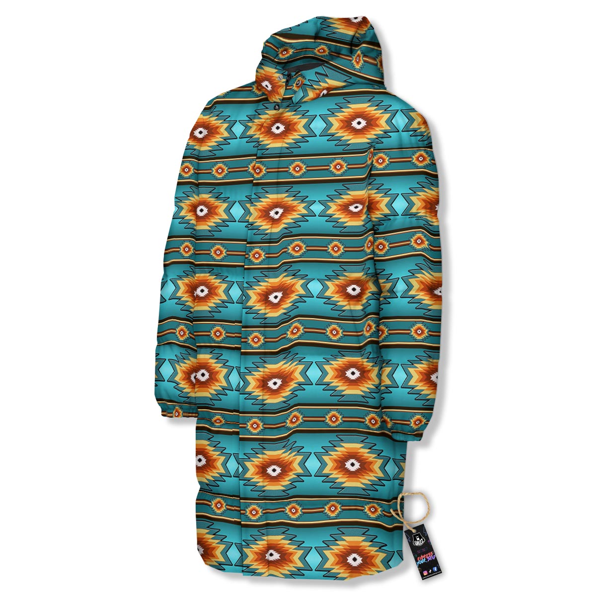 Navajo Teal Southwestern Print Pattern Long Down Jacket-grizzshop