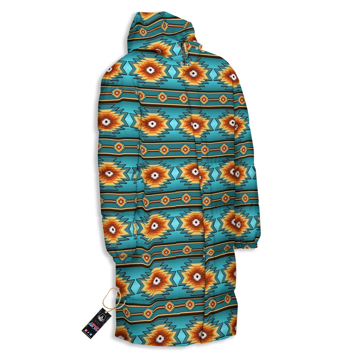 Navajo Teal Southwestern Print Pattern Long Down Jacket-grizzshop