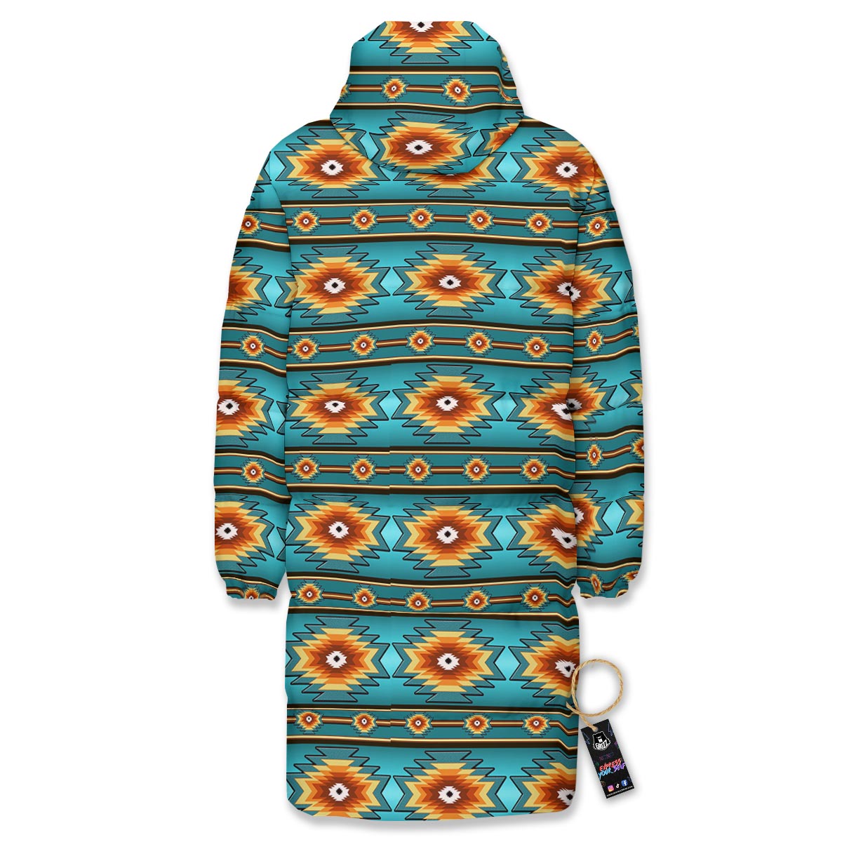 Navajo Teal Southwestern Print Pattern Long Down Jacket-grizzshop