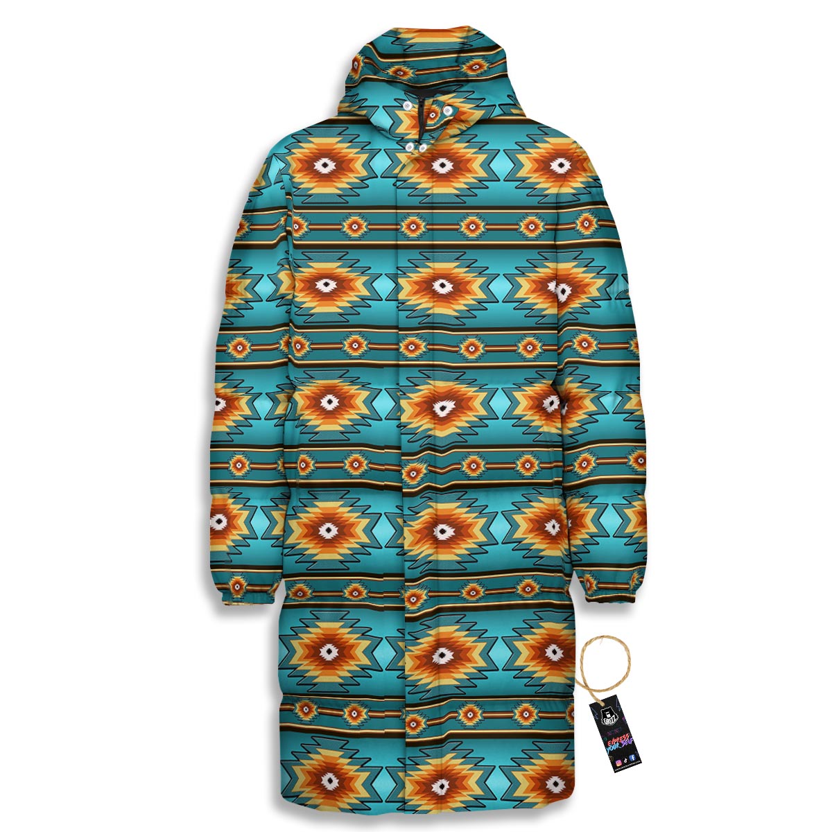 Navajo Teal Southwestern Print Pattern Long Down Jacket-grizzshop