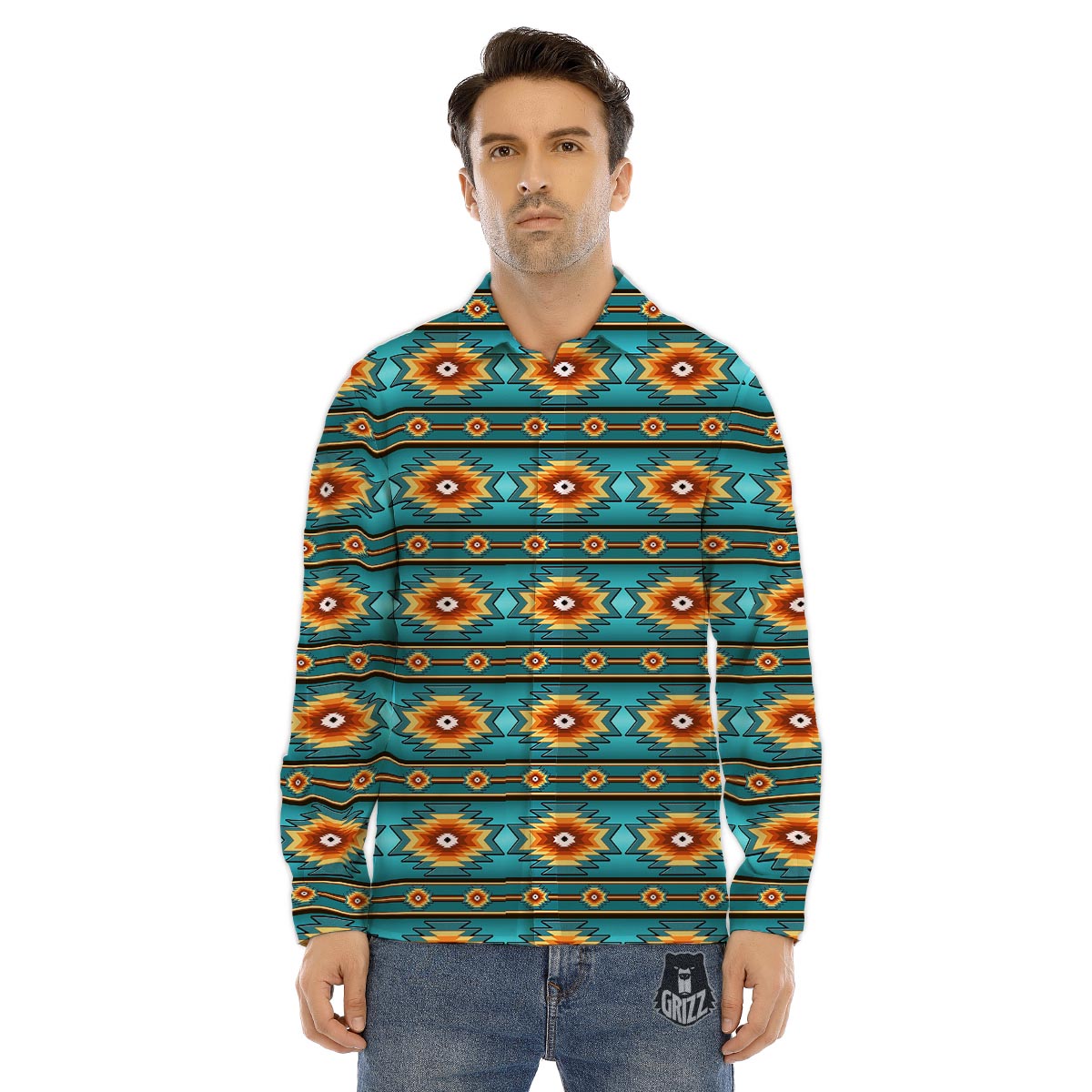 Navajo Teal Southwestern Print Pattern Men's Dress Shirts-grizzshop