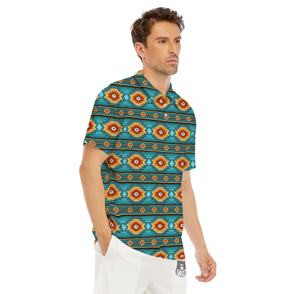 Navajo Teal Southwestern Print Pattern Men's Golf Shirts-grizzshop