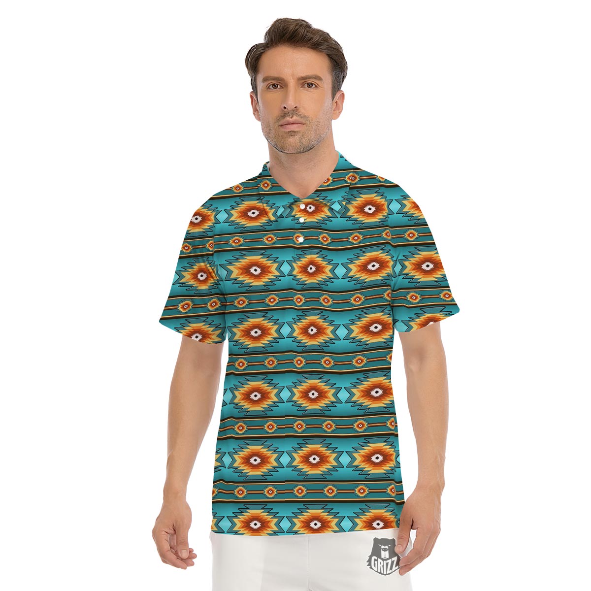 Navajo Teal Southwestern Print Pattern Men's Golf Shirts-grizzshop
