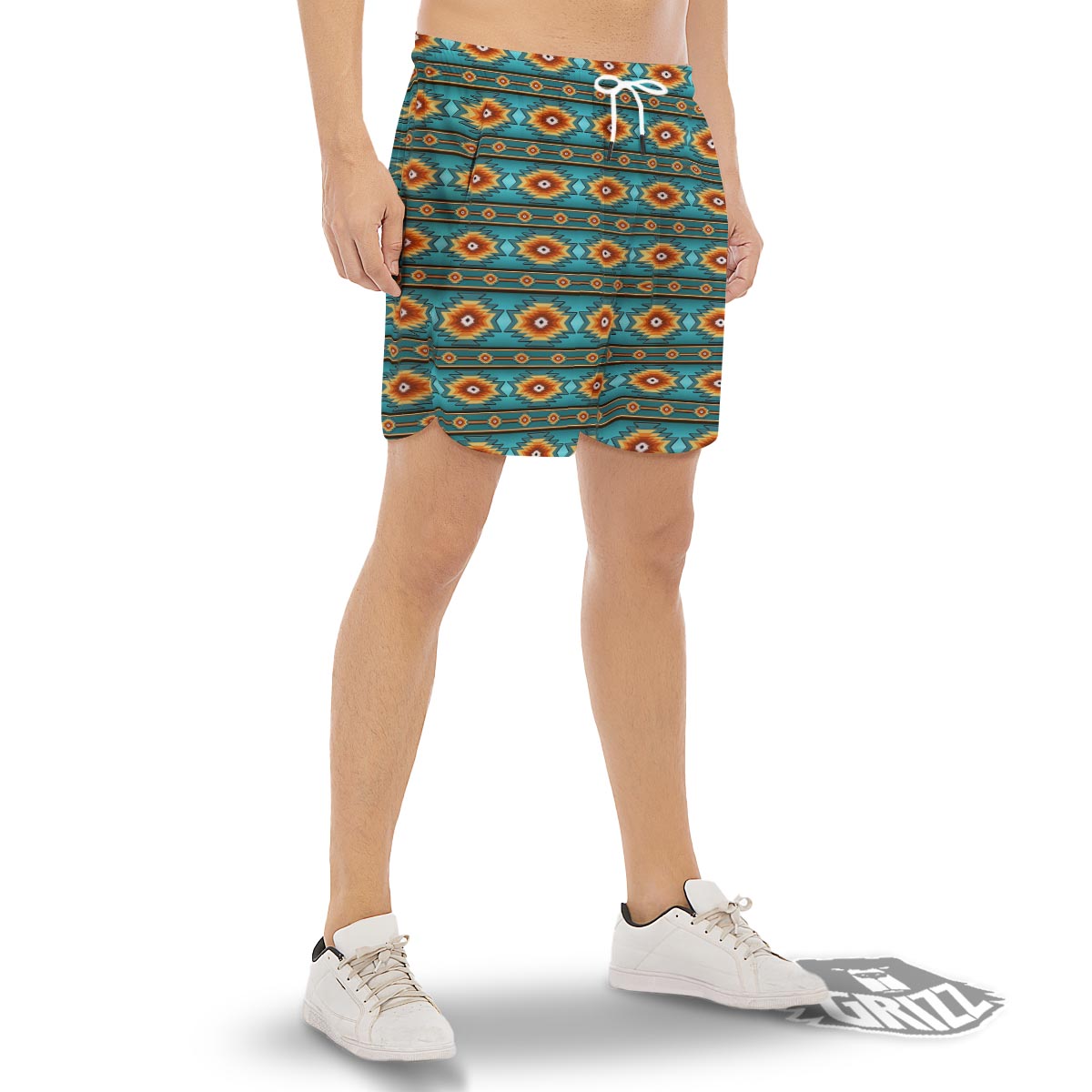 Navajo Teal Southwestern Print Pattern Men's Gym Shorts-grizzshop
