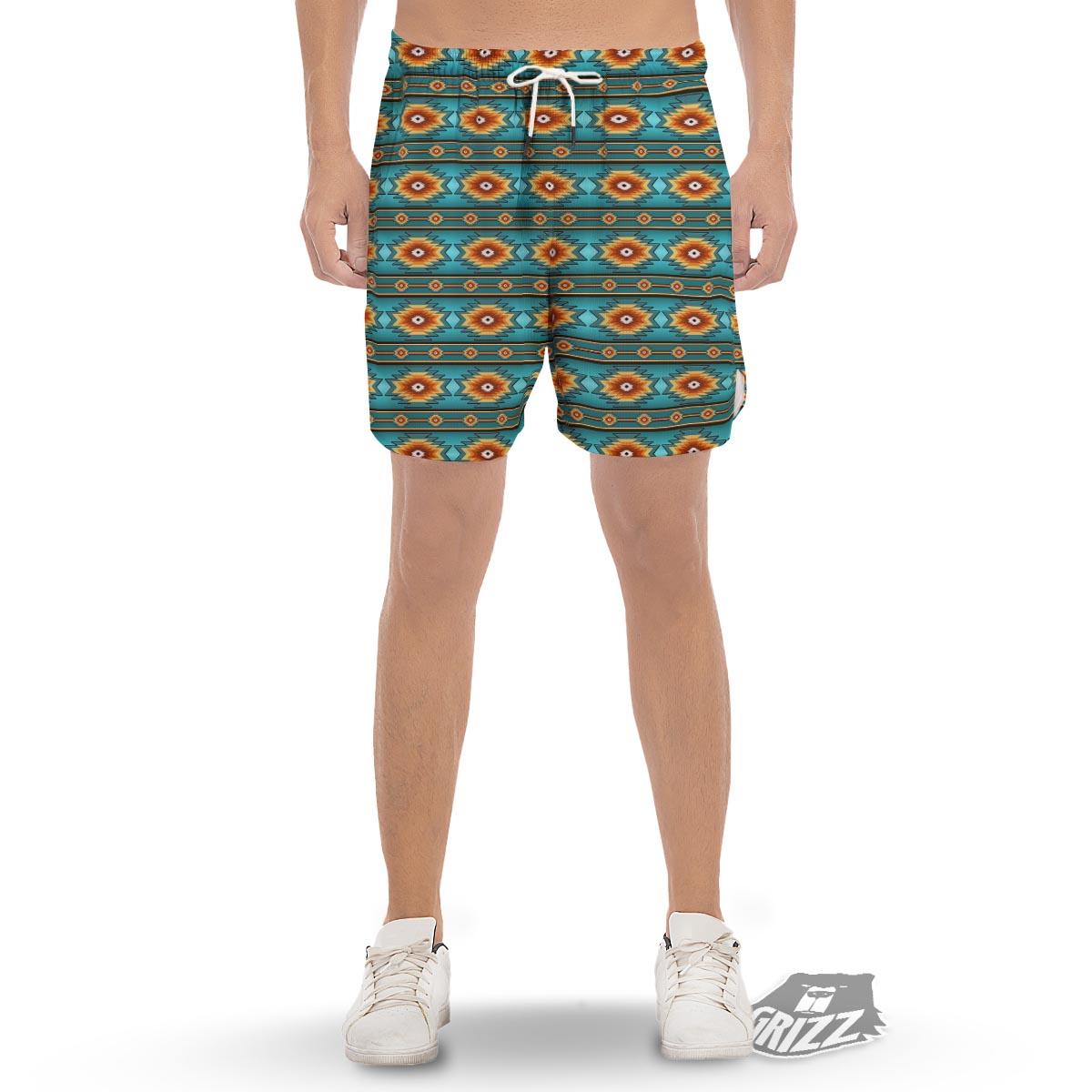 Navajo Teal Southwestern Print Pattern Men's Gym Shorts-grizzshop