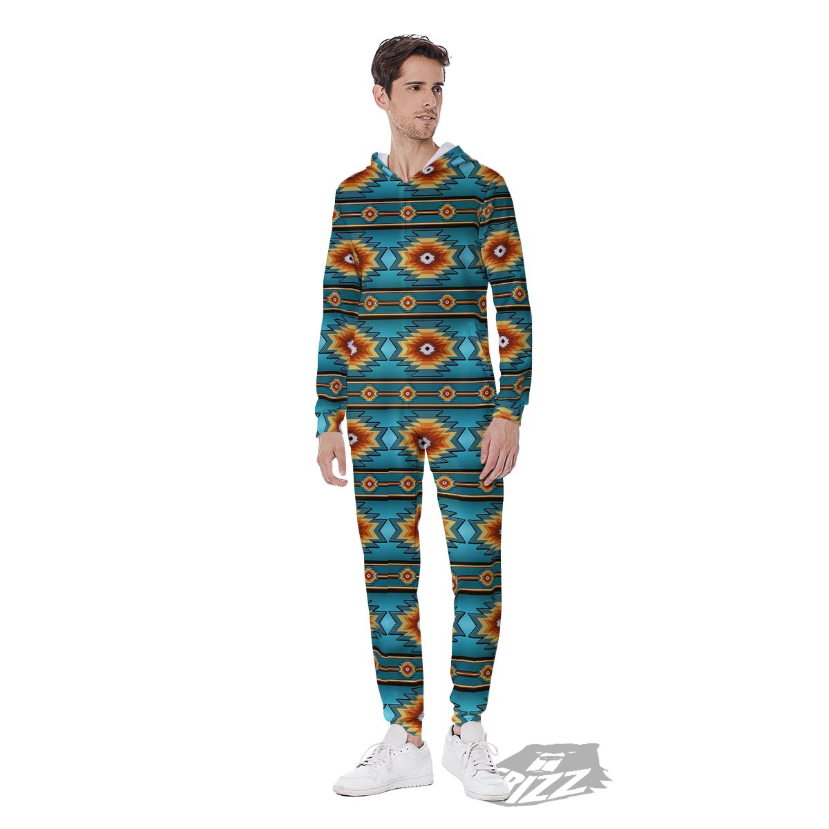 Navajo Teal Southwestern Print Pattern Men's Jumpsuit-grizzshop