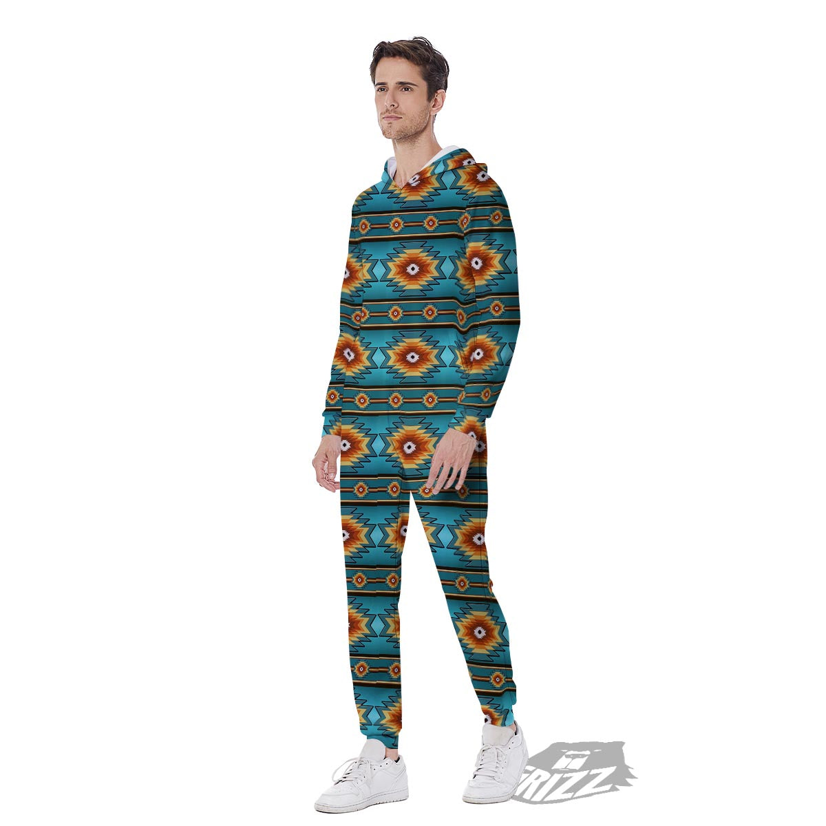 Navajo Teal Southwestern Print Pattern Men's Jumpsuit-grizzshop