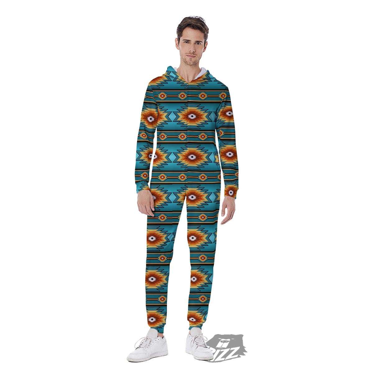 Navajo Teal Southwestern Print Pattern Men's Jumpsuit-grizzshop