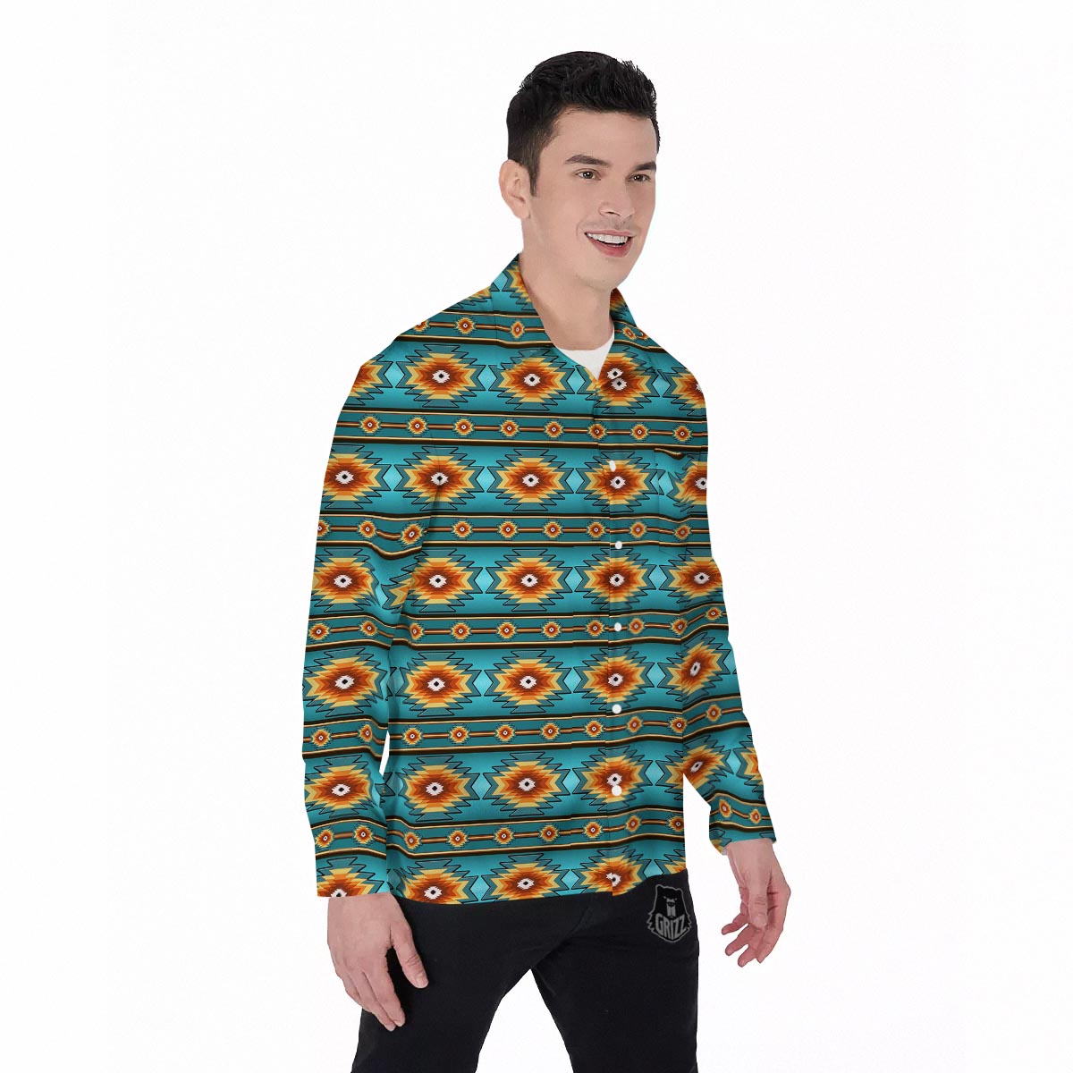 Navajo Teal Southwestern Print Pattern Men's Long Sleeve Shirts-grizzshop
