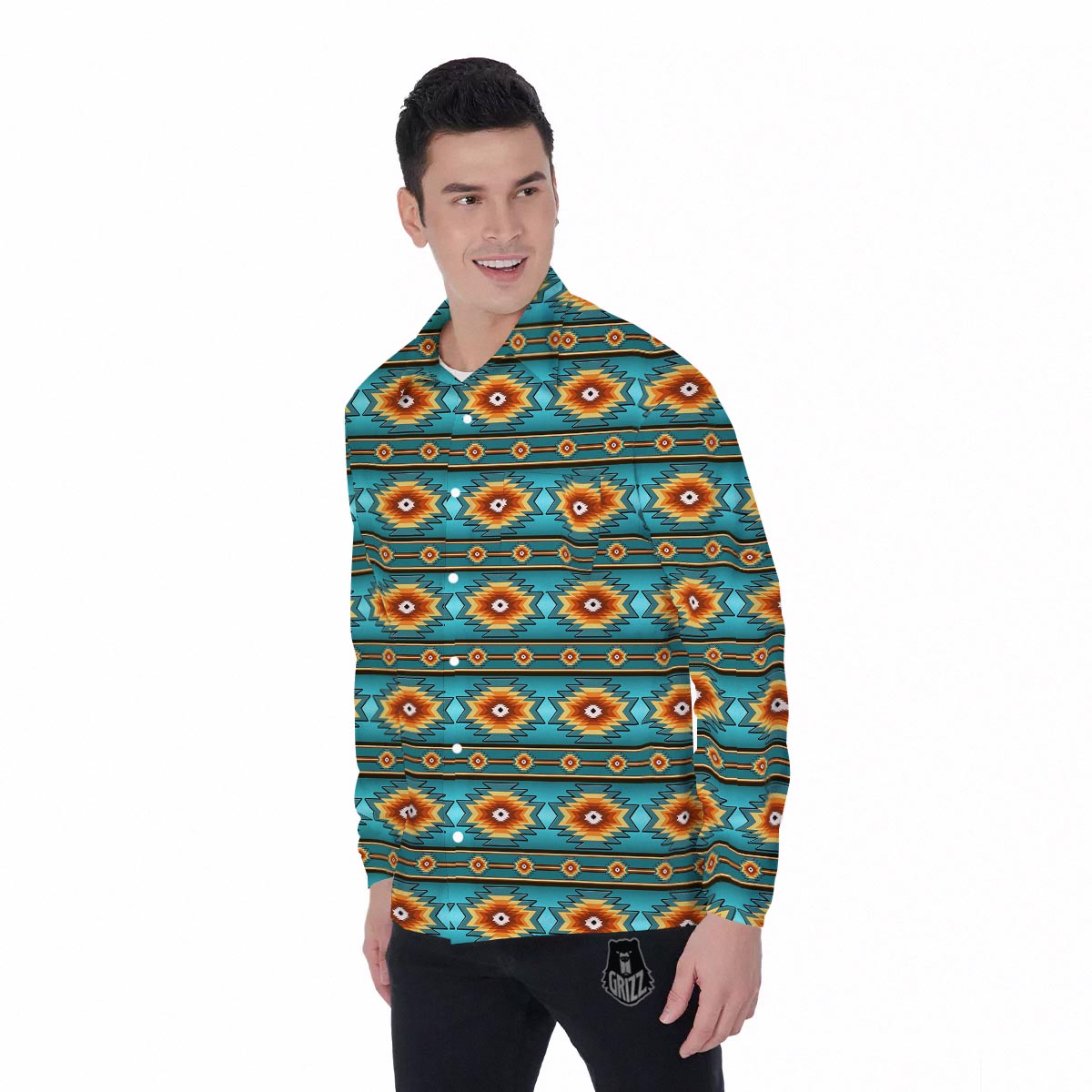 Navajo Teal Southwestern Print Pattern Men's Long Sleeve Shirts-grizzshop