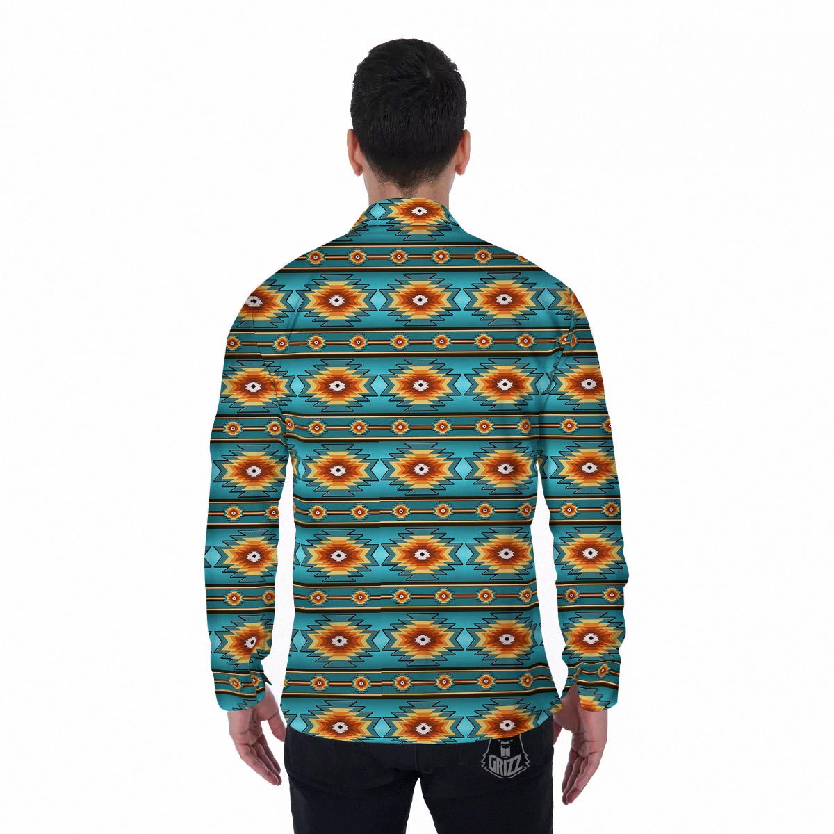 Navajo Teal Southwestern Print Pattern Men's Long Sleeve Shirts-grizzshop