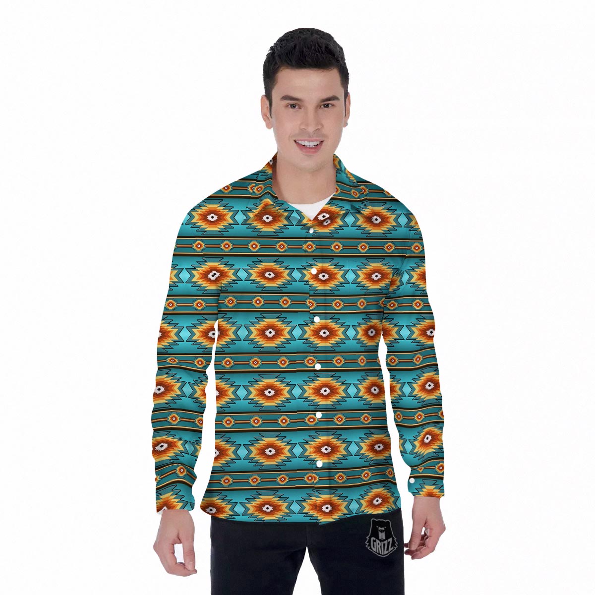 Navajo Teal Southwestern Print Pattern Men's Long Sleeve Shirts-grizzshop