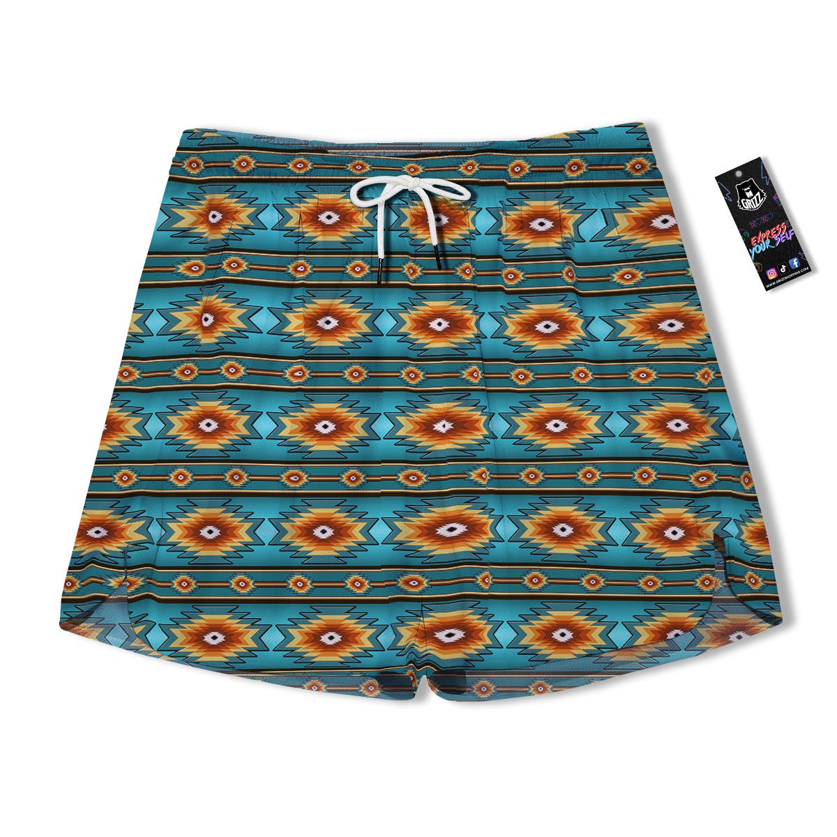 Navajo Teal Southwestern Print Pattern Men's Running Shorts-grizzshop