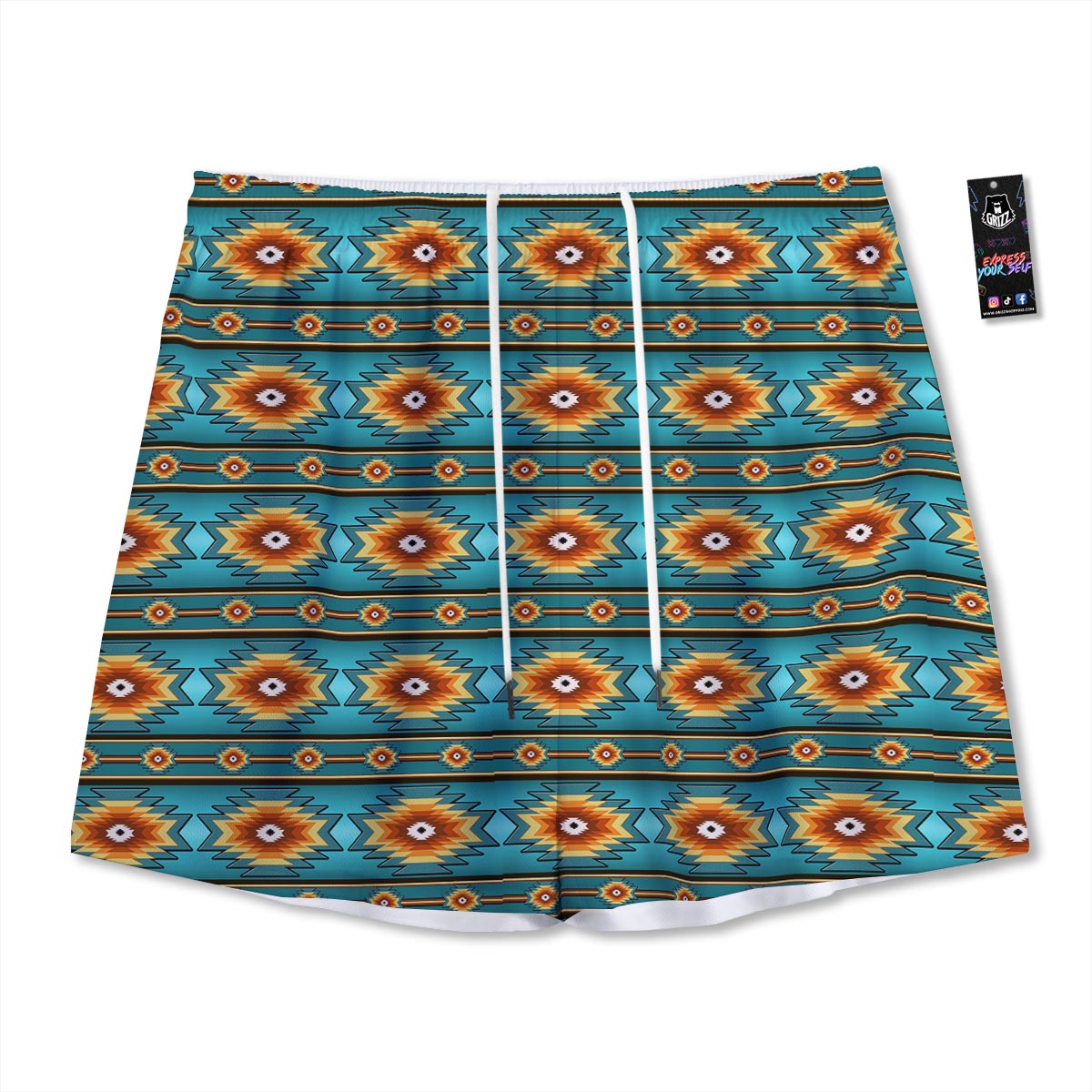Navajo Teal Southwestern Print Pattern Mesh Shorts