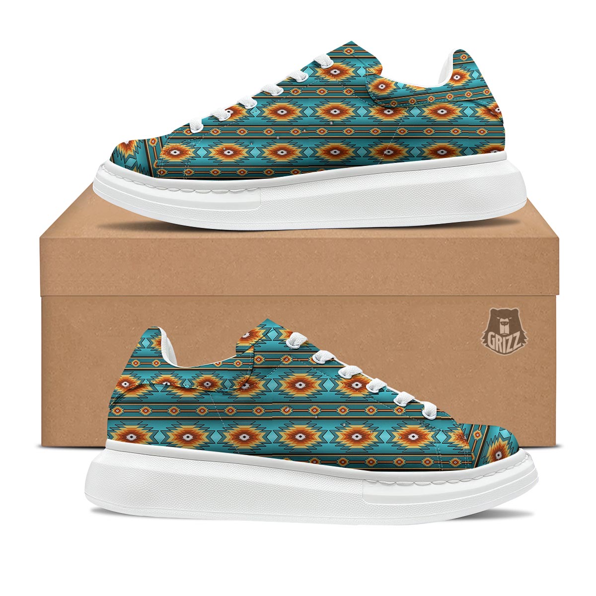 Navajo Teal Southwestern Print Pattern Platform Shoes-grizzshop