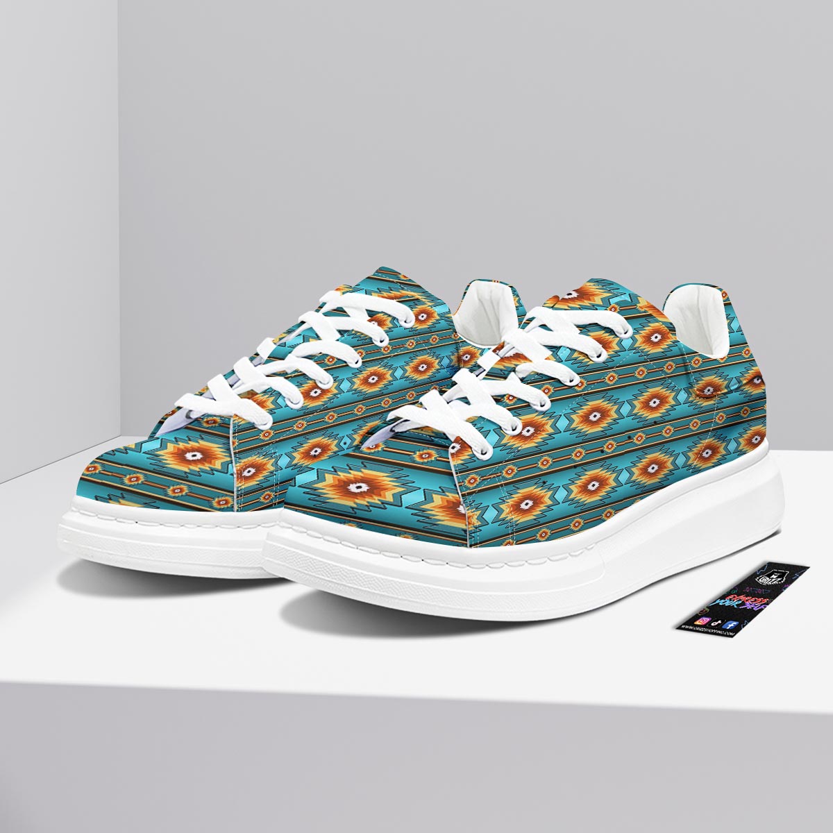 Navajo Teal Southwestern Print Pattern Platform Shoes-grizzshop