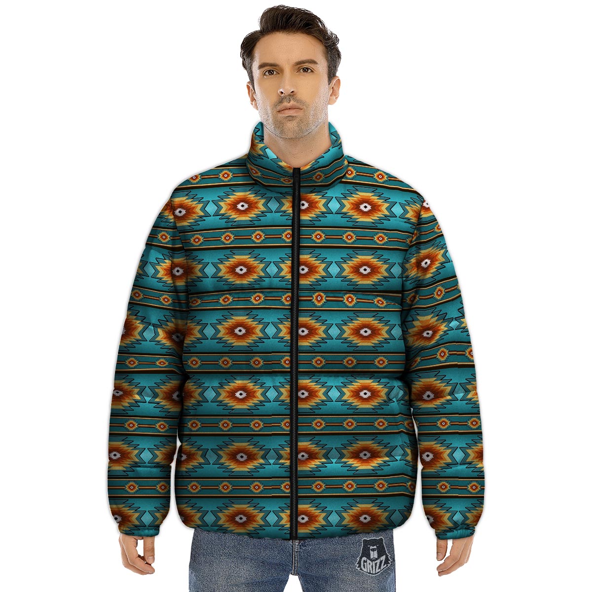 Navajo Teal Southwestern Print Pattern Puffer Jacket-grizzshop