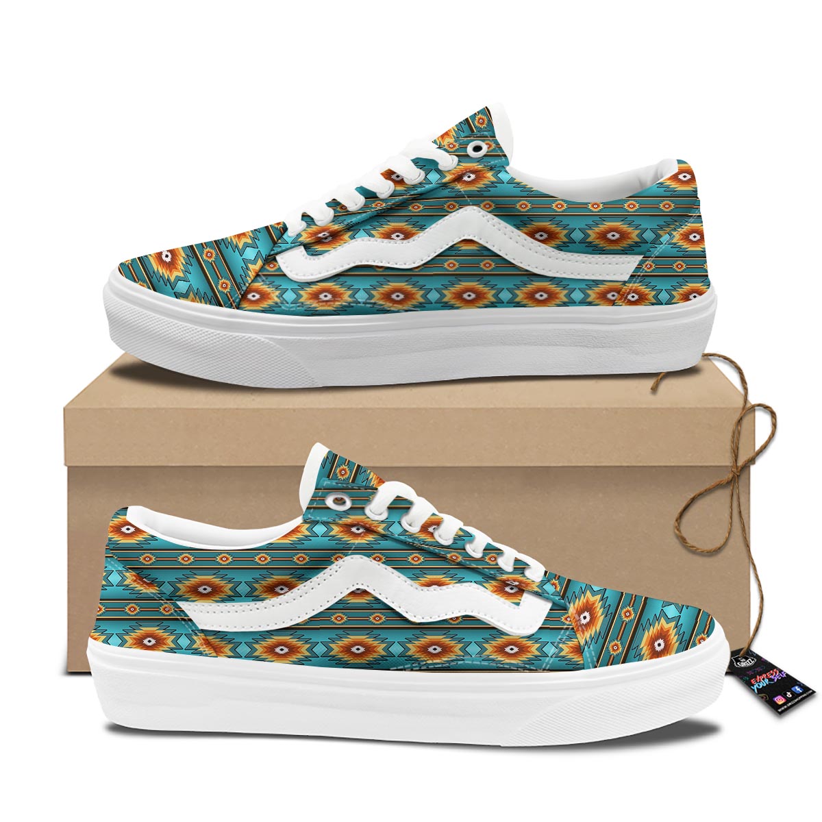 Navajo Teal Southwestern Print Pattern Skate Shoes-grizzshop