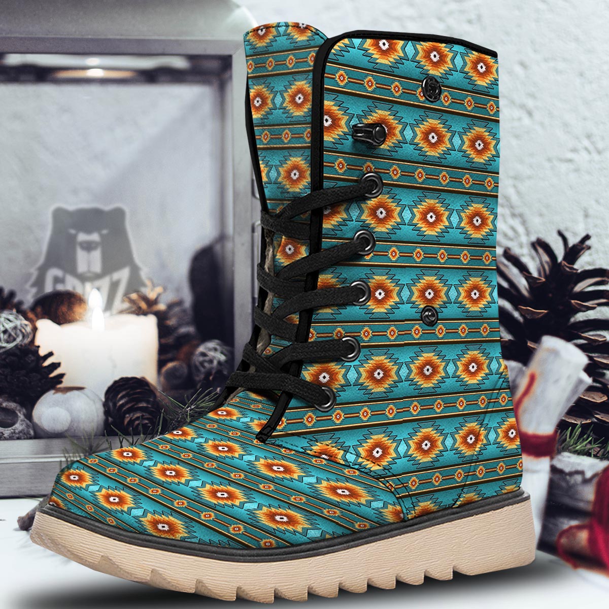 Navajo Teal Southwestern Print Pattern Snow Boots-grizzshop
