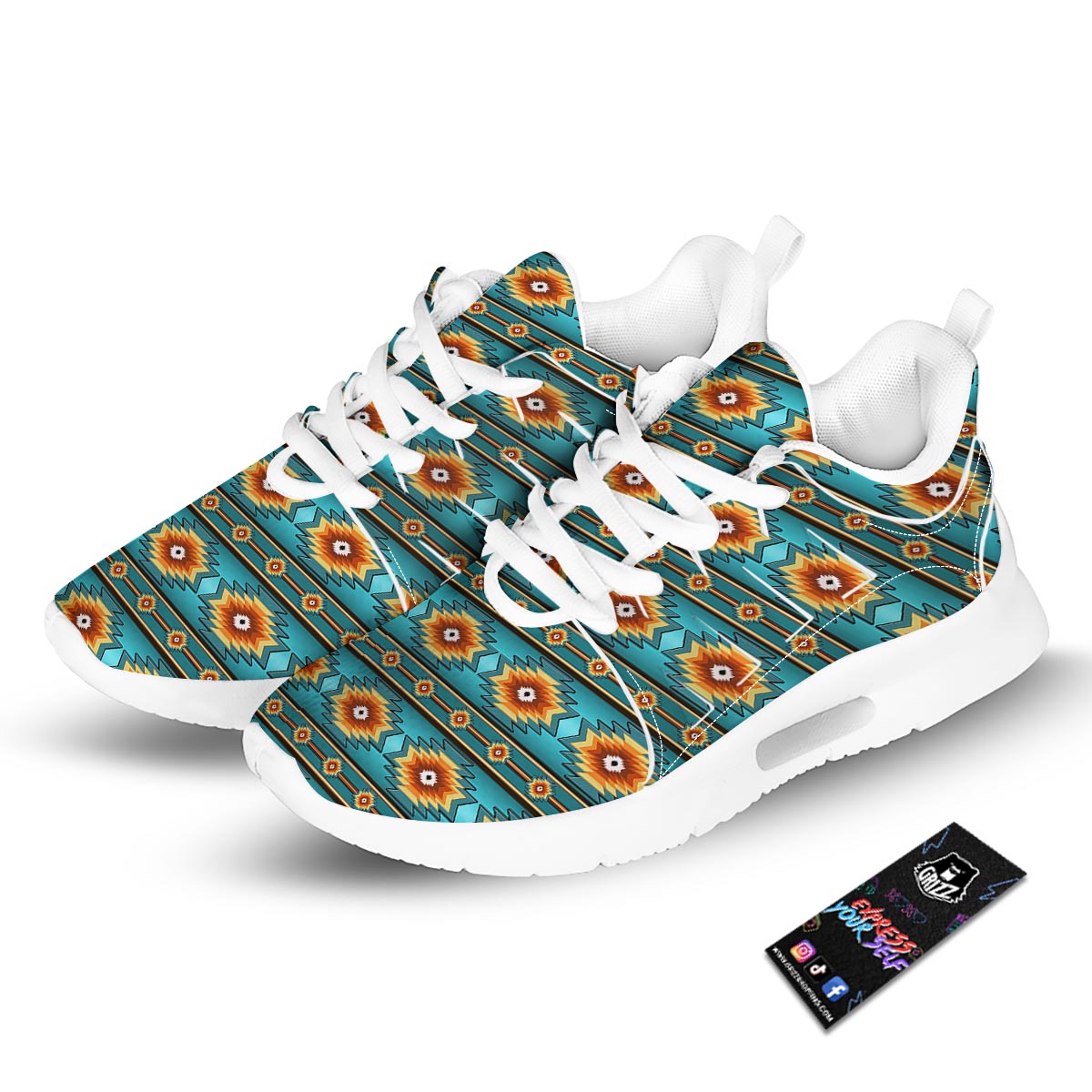 Navajo Teal Southwestern Print Pattern Tennis Shoes-grizzshop