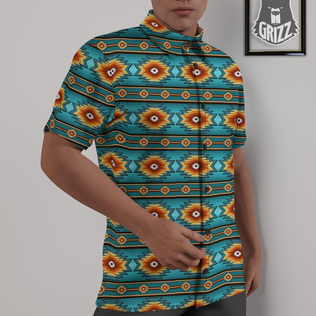 Navajo Teal Southwestern Print Pattern Untucked Shirts-grizzshop