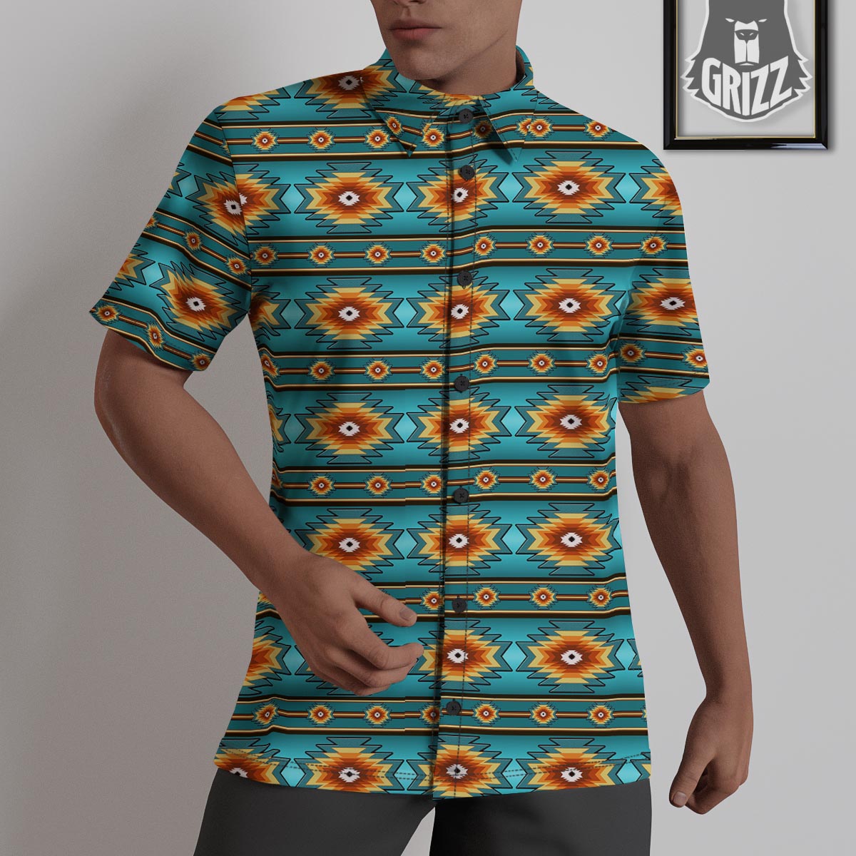 Navajo Teal Southwestern Print Pattern Untucked Shirts-grizzshop