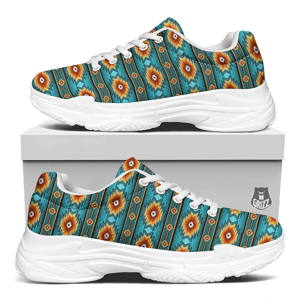 Navajo Teal Southwestern Print Pattern White Chunky Shoes-grizzshop