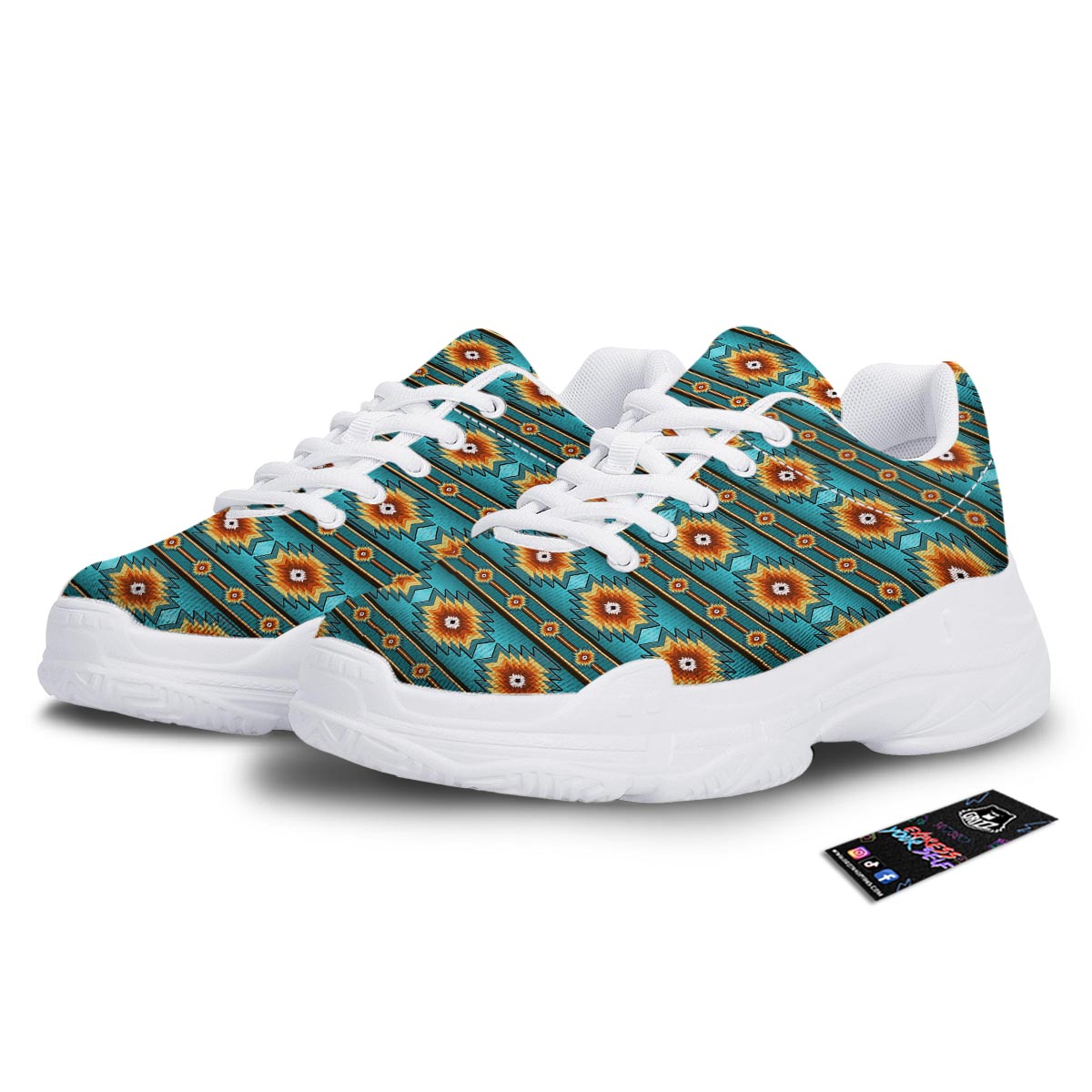 Navajo Teal Southwestern Print Pattern White Chunky Shoes-grizzshop