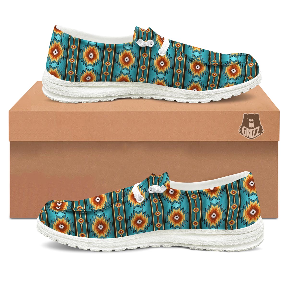 Navajo Teal Southwestern Print Pattern White Loafers-grizzshop